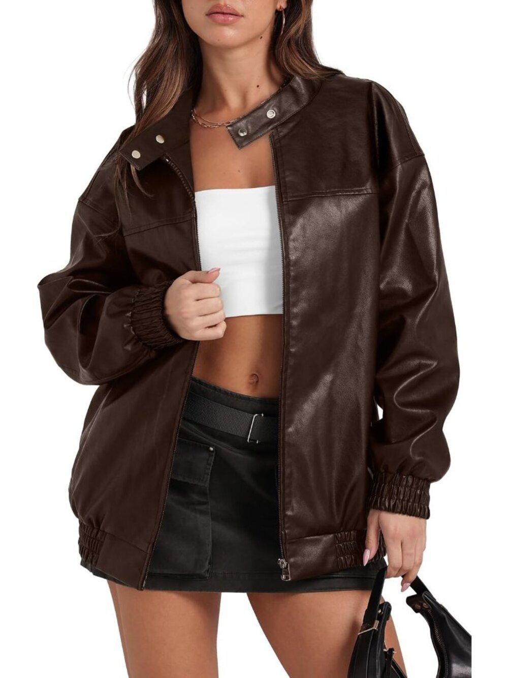 Women's Dark Brown Leather Jacket Oversized Motorcycle Bomber Fall Fashion Coat
